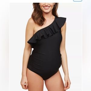 Motherhood Maternity Ruffle-front One-Shoulder Maternity UPF 50+ Swimsuit